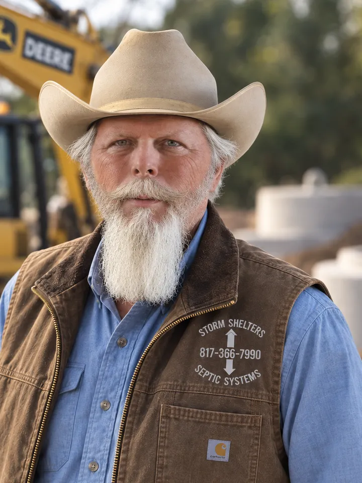 Roy Reynolds, president of LenRoyDon Builders, in his Storm Shelters & Septic Systems vest